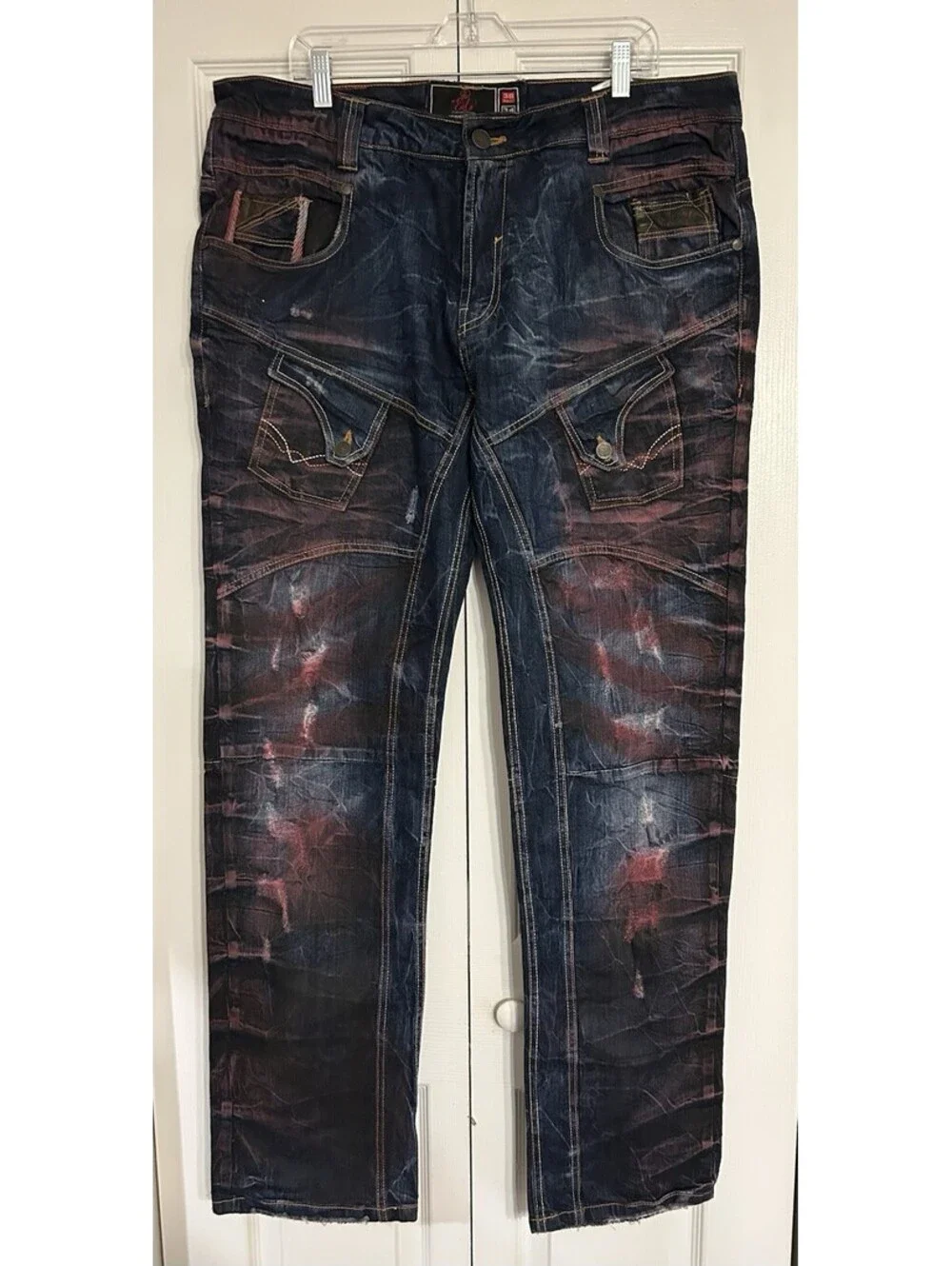 Elite Premium Denim Jeans 38x34 Distressed Dark Wash Hand Paint Cargo Pockets